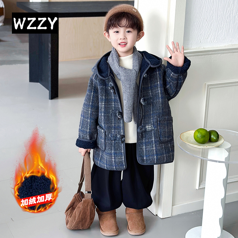男童加绒呢子外套冬装2025新款冬季韩版洋气儿童中长款呢大衣加厚