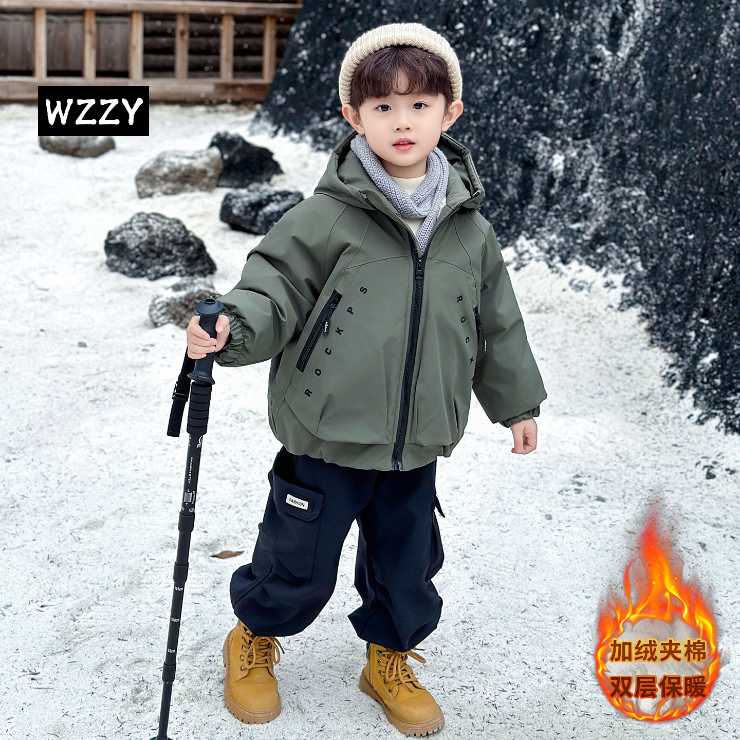 男童加绒派克服外套冬款2025新款中小宝宝冬季加厚棉衣儿童冲锋衣