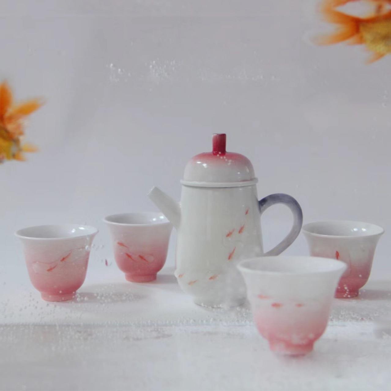 景德镇原创手工手绘金鱼陶瓷茶具套装