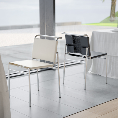 意式极简中古电镀款靠背椅子设计师轻奢家用马鞍皮餐椅罗克布伦椅