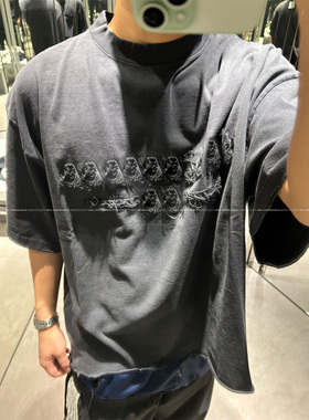 「下摆卷边拉毛」VANA ILUSION 横线刺绣水洗短袖男女T恤情侣款潮