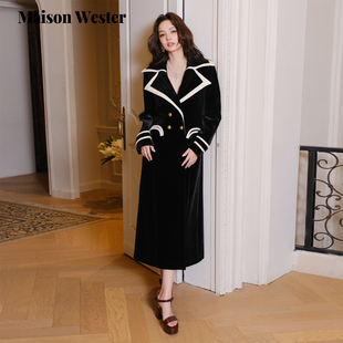 千金风丝绒外套撞色翻领黑色长款 新品 大衣 Wester2025冬季 Maison