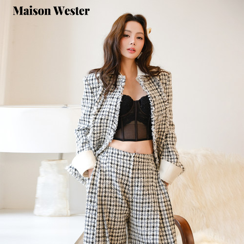 Maison Wester2025年冬季新品气质黑白粗花呢外套小香风垂感长裤
