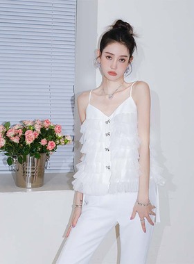 Maison Wester夏季流行白色拼网纱花边吊带上衣白蝴蝶结长裤