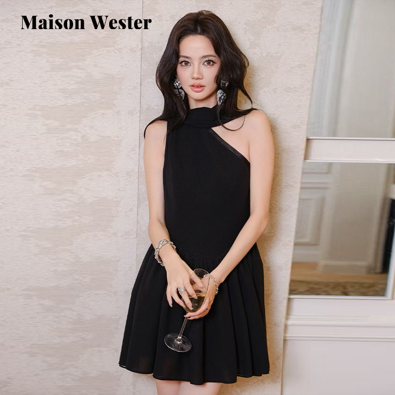 Maison Wester夏季新款时尚气质款浪漫波嬉风雪纺飘带单肩连衣裙