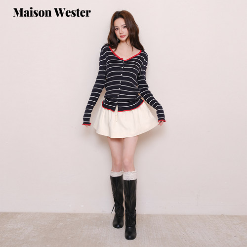 Maison Wester2025年冬季新品千金风松紧腰短半裙米白修身半身裙