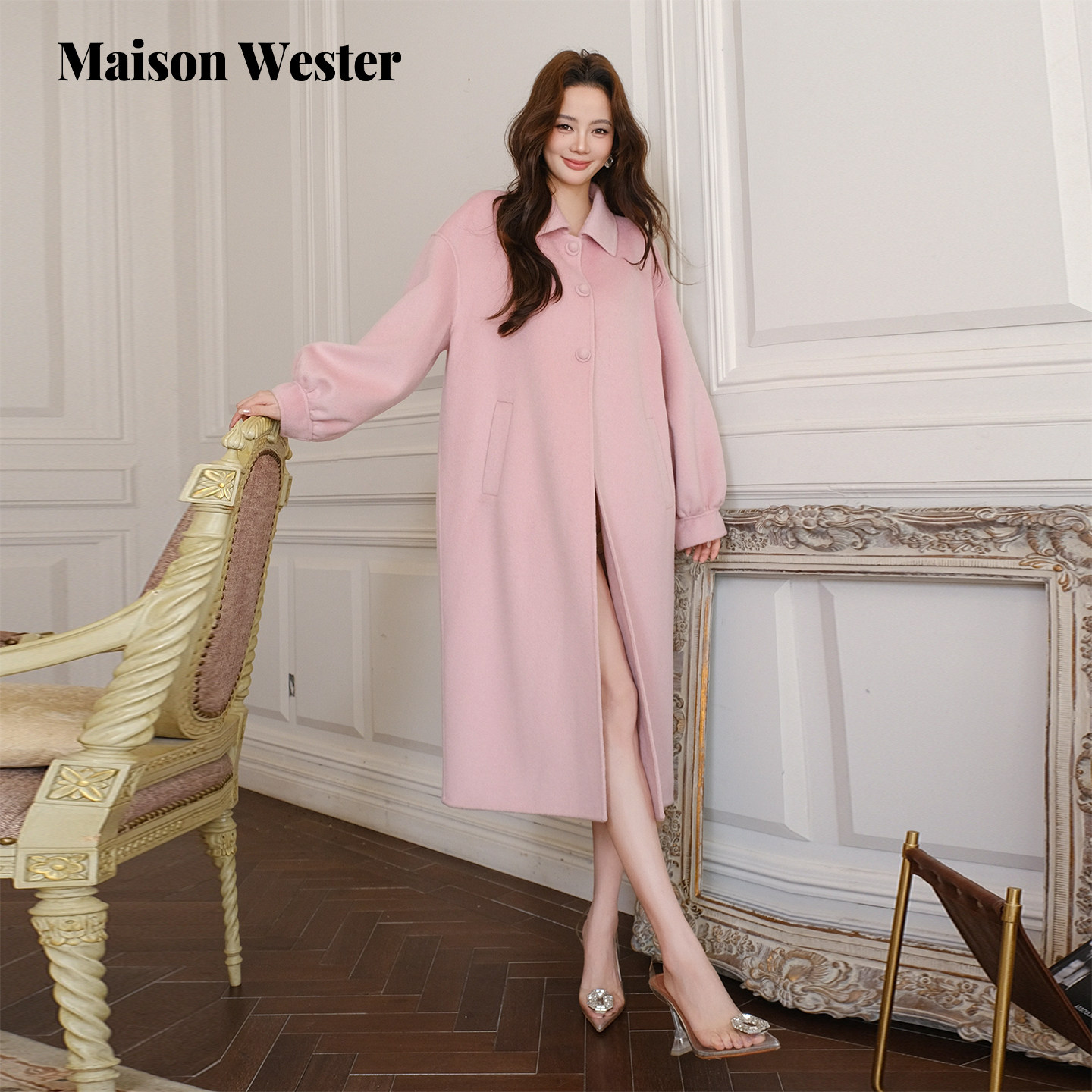 Maison Wester春季新款千金风宽松气质感外套翻领长款毛呢大衣女