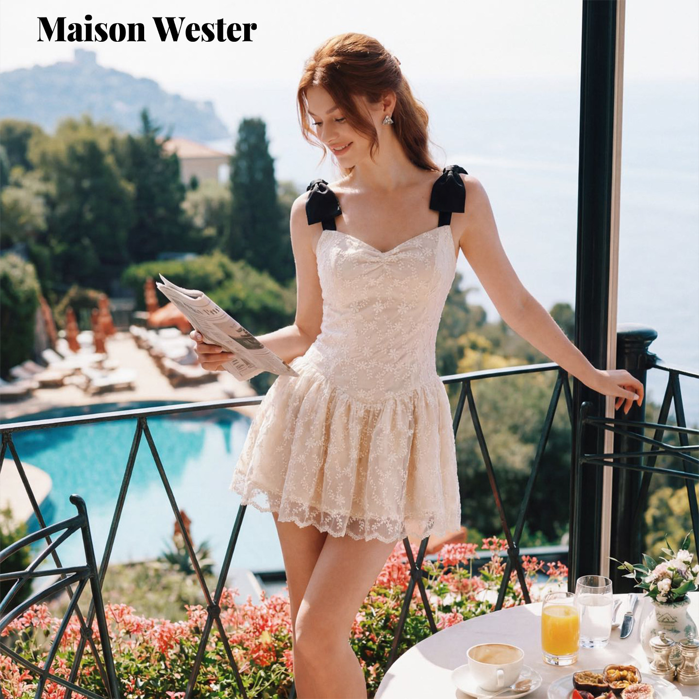Maison Wester2026夏新品奶白心形领蝴蝶结蓬蓬褶蕾丝吊带裙
