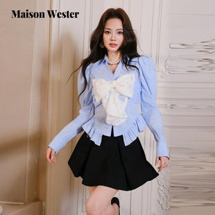 泡泡袖 Maison 千金风蓝条纹衬衫 新品 收腰上衣 Wester2025年冬季