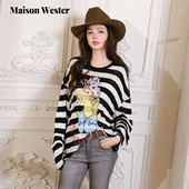 新品 Maison Wester2026春季 黑白条纹趣味卡通印花上衣