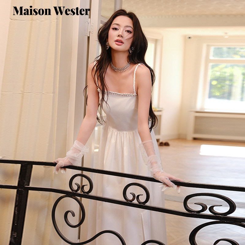 Maison Wester夏季新款时尚设计感度假风编织肩带缝钻链吊带长裙
