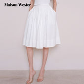新款 Maison Wester2025夏季 宽松绣珠花A字型腰部白色抽褶半裙