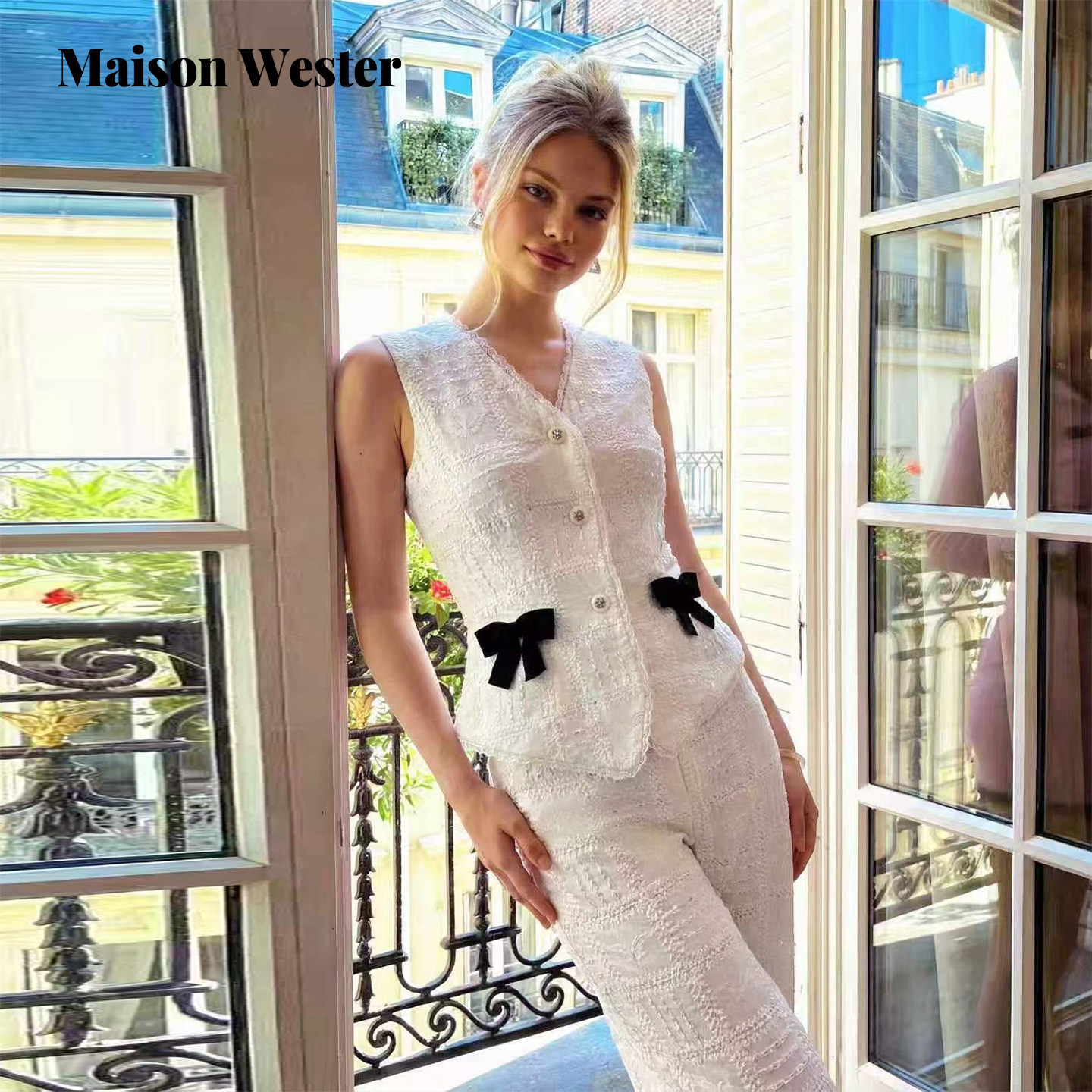 Maison Wester2026年夏新品重工蕾丝装饰黑蝴蝶结通勤无袖马甲