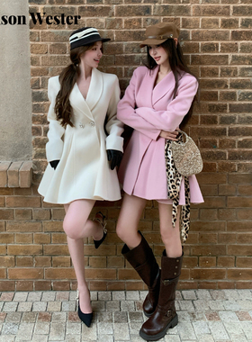 Maison Wester2025冬季新品千金风连衣裙双面呢散摆毛呢外套大衣