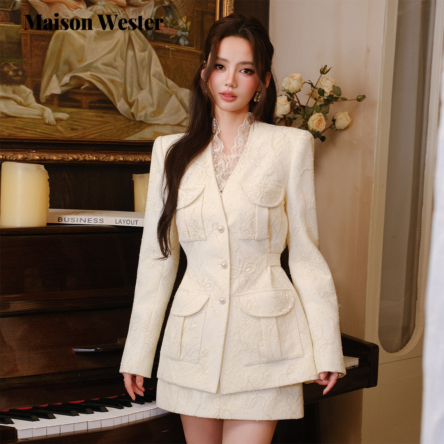 Maison Wester2026年秋新款蕾丝亮片收腰西装外套亮片蝴蝶结半裙