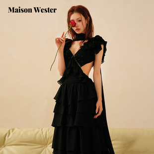 碎钻腰部镂空黑色轻礼服裙连衣裙 新款 Maison Wester2025夏季