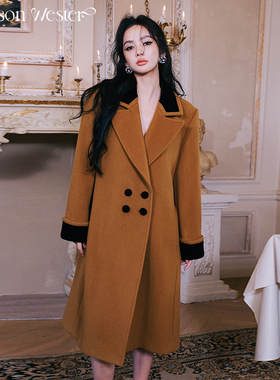 Maison Wester冬季波嬉风复古风丝绒领驼色羊毛大衣毛呢外套上衣