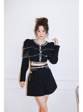 Maison Wester夏季花钻黑色挂钻定钻重工复古套装短裤长裙百褶裙