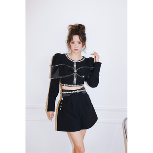 短裤 花钻黑色挂钻定钻重工复古套装 长裙百褶裙 Wester夏季 Maison