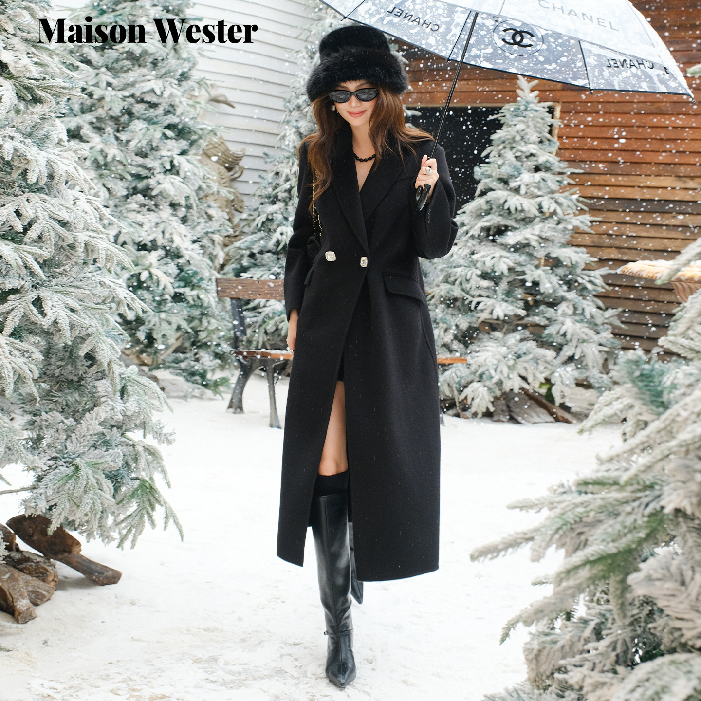 Maison Wester2025年冬季新品感西装领双扣长款毛呢外套大衣