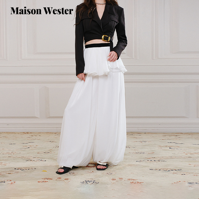 Maison Wester2025秋季新品通勤荷叶边装饰宽松垂感白色阔腿长裤
