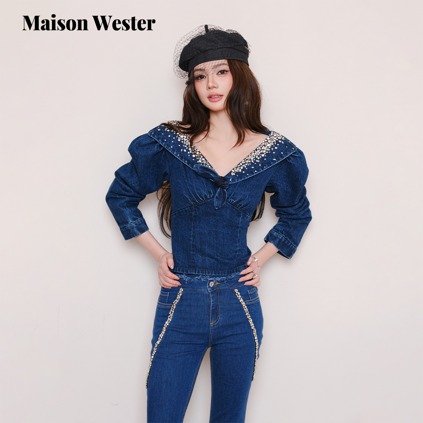 Maison Wester2025秋季新品复古蓝钻V领重工上衣