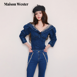 型V领中袖 Maison 复古风牛仔蓝钻修身 新品 重工上衣 Wester2025秋季