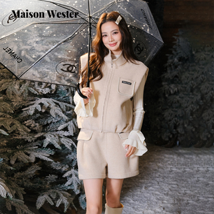 Wester2025年冬季 套装 新品 饰短裤 立领拉链马甲口袋小标装 Maison