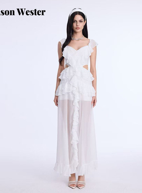 Maison Wester2025夏季新款白色波嬉风度假风荷叶边V领露腰连衣裙