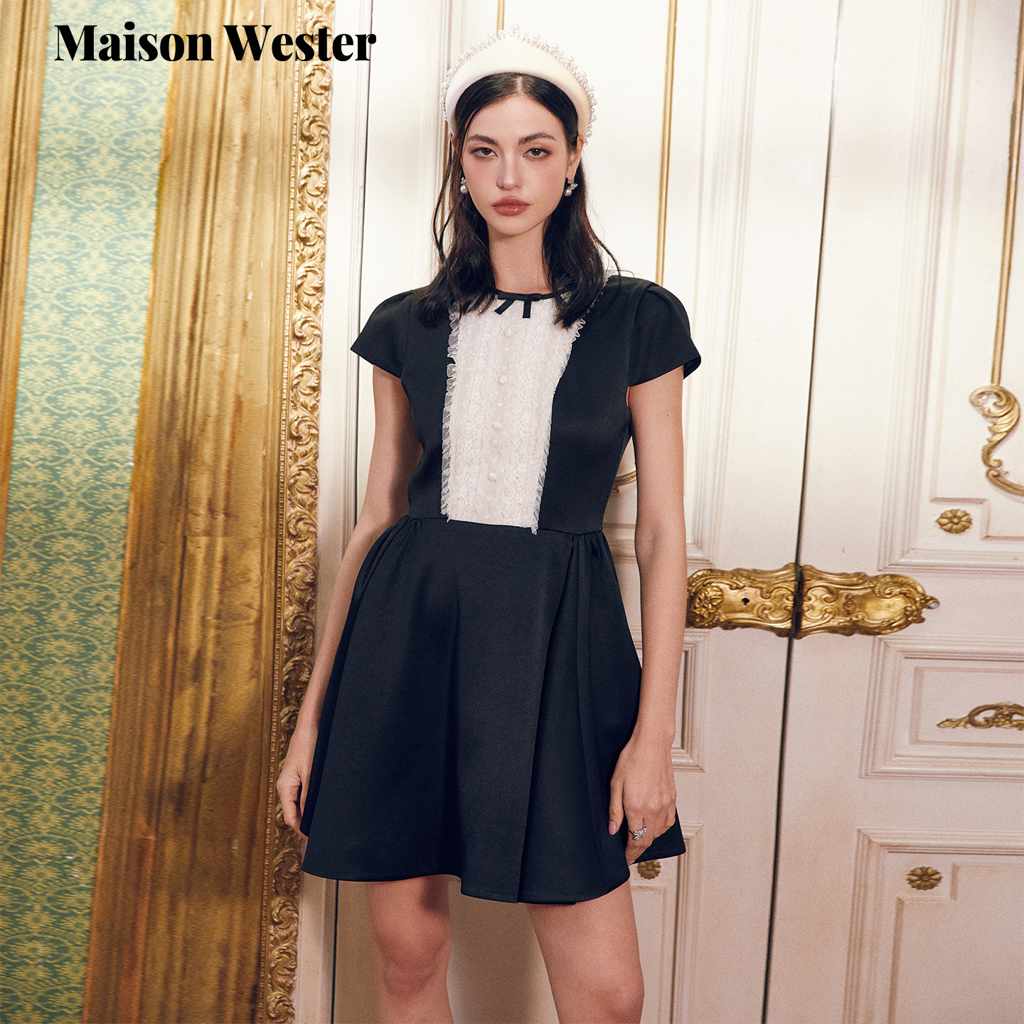Maison Wester2026春新品蕾丝拼接黑白撞色连衣裙裙子