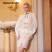 新品 Maison Wester2026春季 浅粉粗花呢水钻双排扣U领马甲上衣