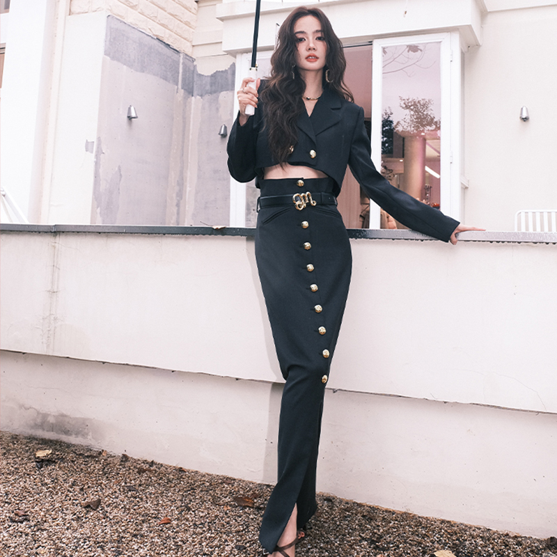 Maison Wester秋季韩雪同款官方黑色双排金扣短西装包臀长裙套装