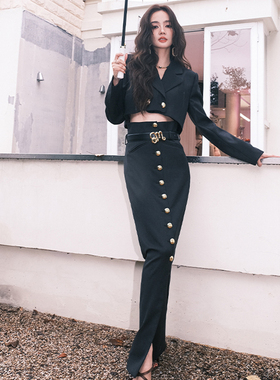 Maison Wester秋季韩雪同款官方黑色双排金扣短西装包臀长裙套装