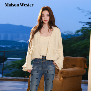 绒上衣质针织毛衣开衫 Maison 千金风荷叶袖 新品 Wester2025年冬季