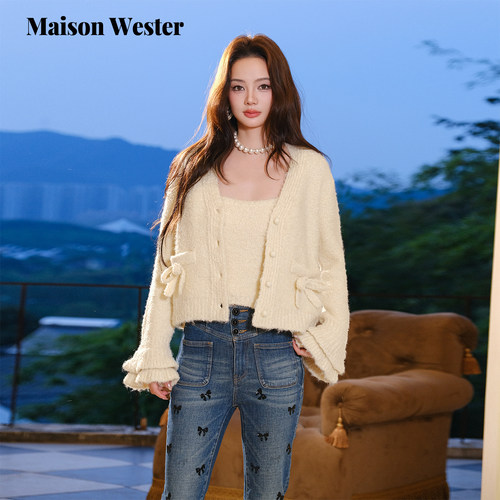 Maison Wester春新品千金风荷叶袖绒毛质感上衣短款针织毛衣开衫