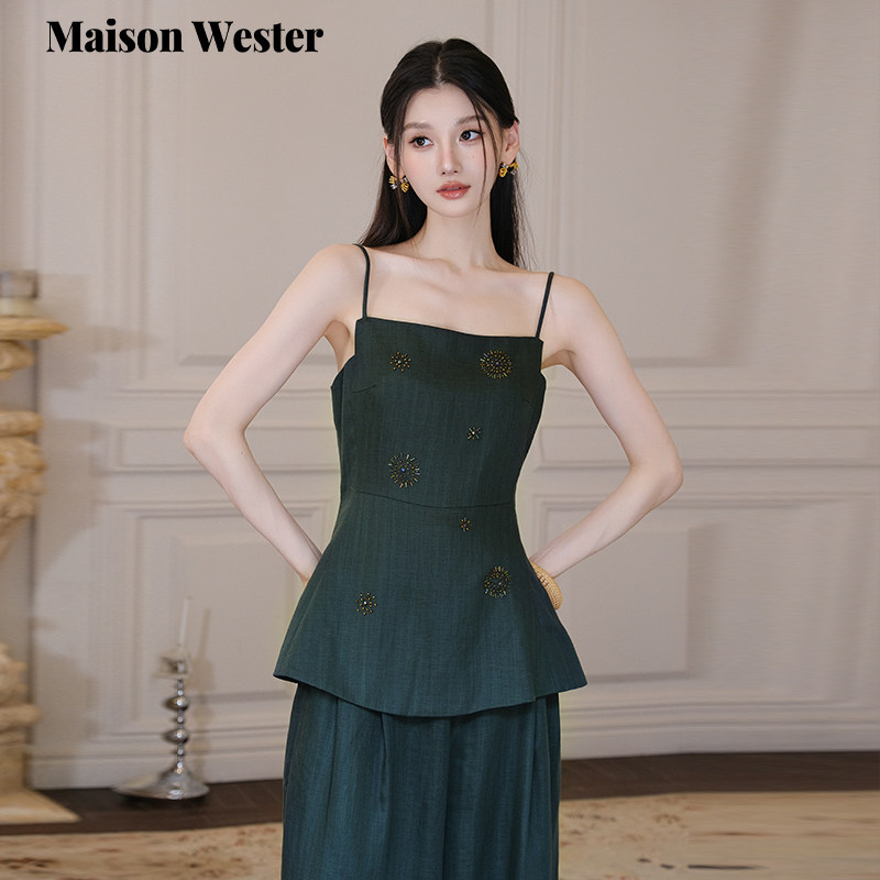 Maison Wester春季新品钉珠女士波西风设计感重工墨绿色吊带背心