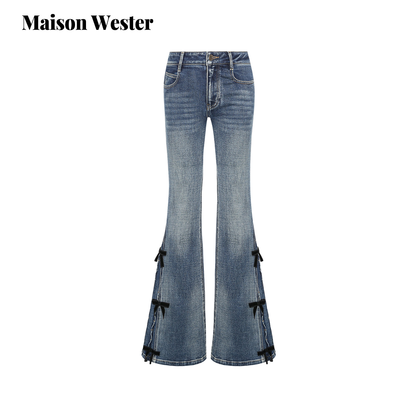 Maison Wester2026年冬新款高腰侧边蝴蝶结波浪边微喇牛仔裤