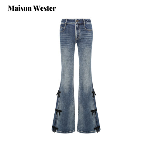 Maison Wester2026年冬新品高腰侧边蝴蝶结波浪边微喇牛仔裤