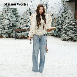子复古阔腿烫钻蓝色牛仔长裤 Maison 抽绳裤 新品 Wester2025年秋季