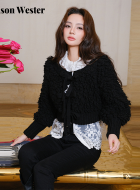 Maison Wester2025年冬季新品千金风优雅上衣黑色短款毛衣外套