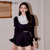 A字荷叶边短裤 Maison 甜美复古黑白拼接泡泡袖 衬衫 Wester夏季 时尚