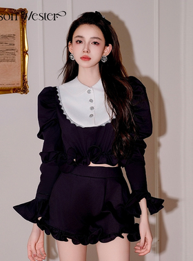 Maison Wester夏季时尚甜美复古黑白拼接泡泡袖衬衫A字荷叶边短裤
