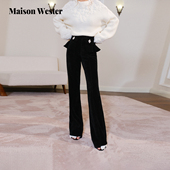 休闲裤 Maison 女 黑绒裤 子荷叶边钻扣微喇长裤 Wester2025冬季 新品