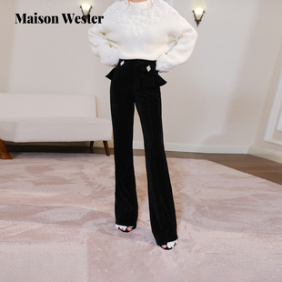 Wester2025冬季 休闲裤 新品 子荷叶边钻扣微喇长裤 女 黑绒裤 Maison