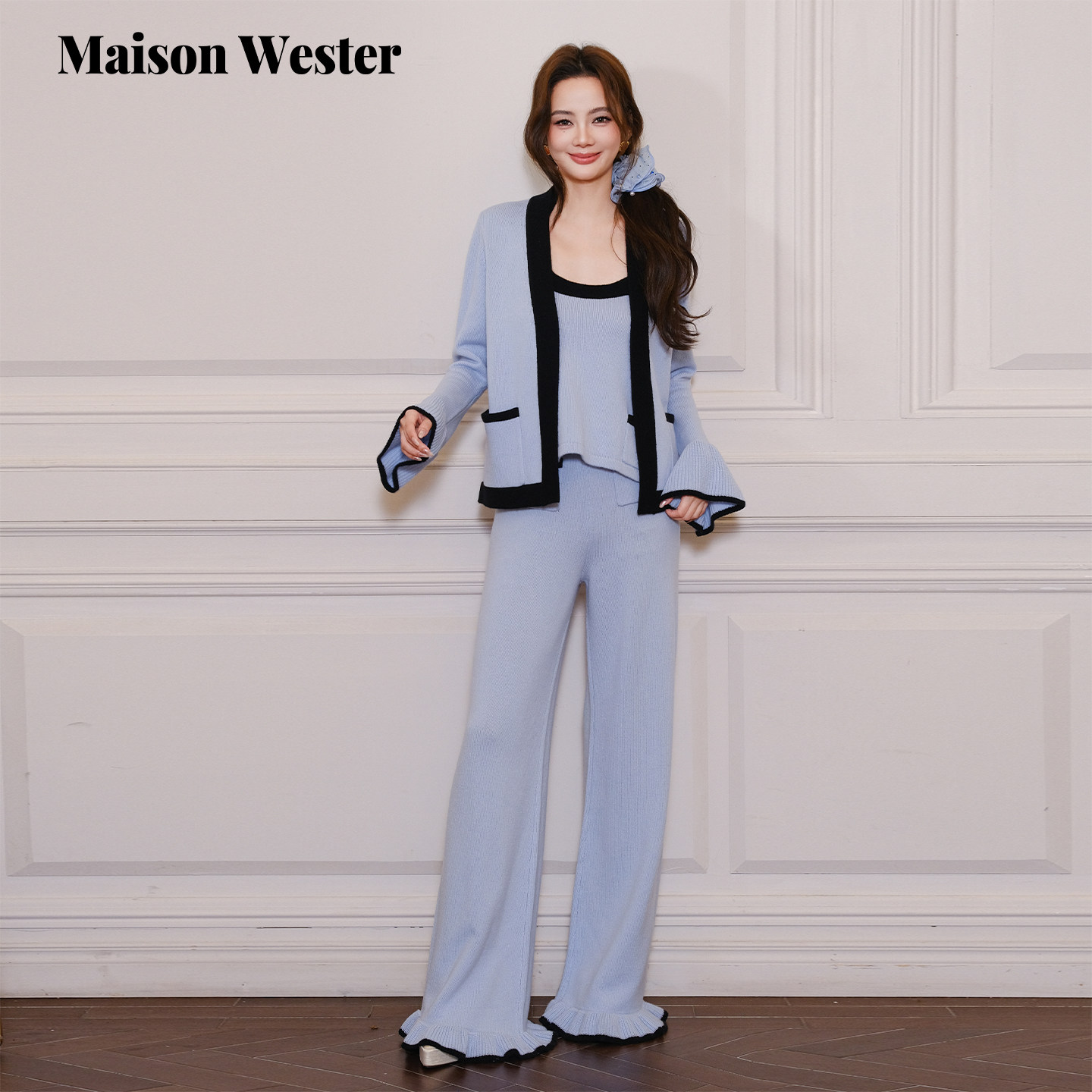 Maison Wester2026春季新品撞色包边长袖针织开衫内搭长裤三件套,女装/女士精品,时尚套装,淘宝优惠券,粉丝福利购,淘宝优惠卷