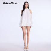 新款 Maison Wester2025夏季 白色雪纺轻盈感荷叶领露肩上衣