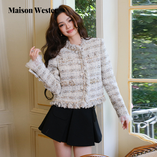 千金风混纹粗花呢外套毛边夹克上衣女 新品 Maison Wester2025冬季