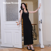 Wester2025夏季 新款 气质款 Maison 黑色圆领缝钻无袖 连衣裙