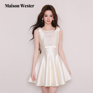 千金风无袖 新品 裙子米白色缎面收腰连衣裙 Wester2025秋季 Maison