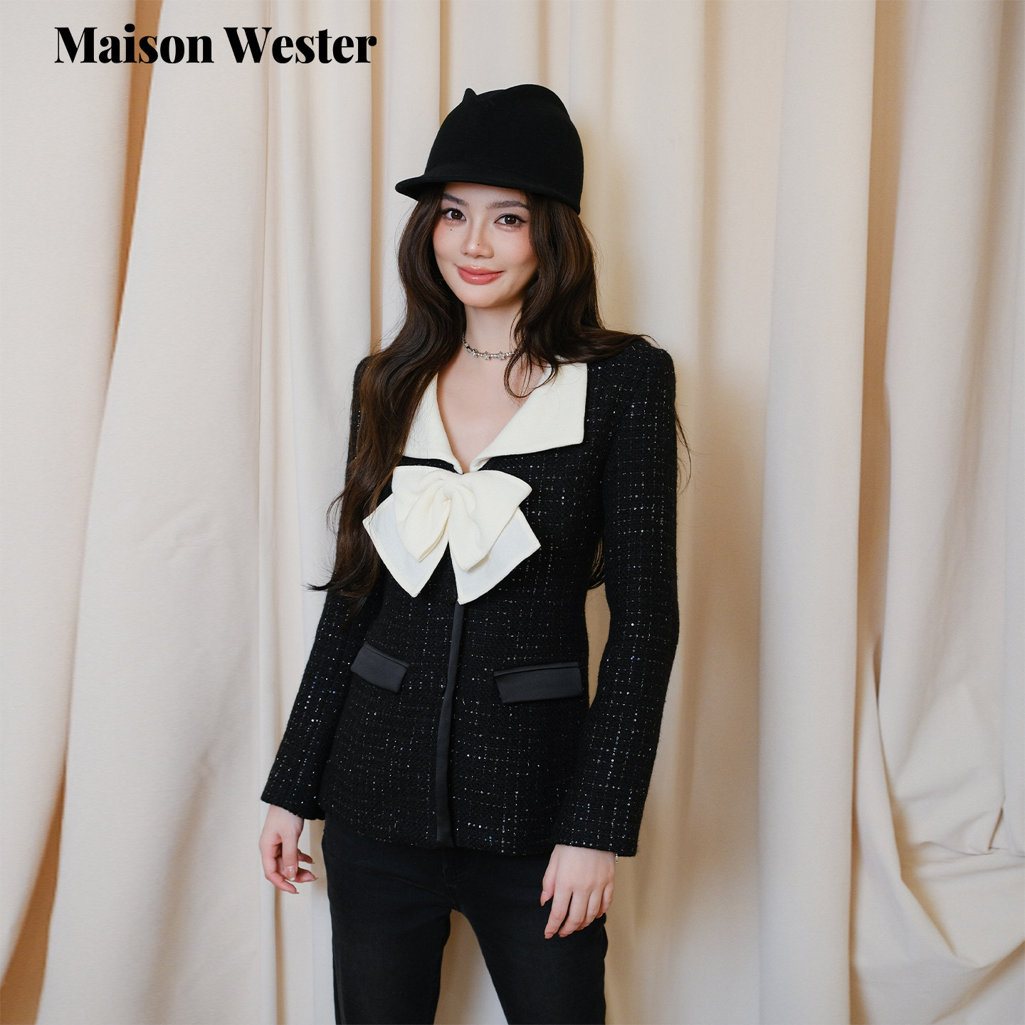 Maison Wester春季新款甜美撞色粗花呢小香风翻领蝴蝶结西装外套